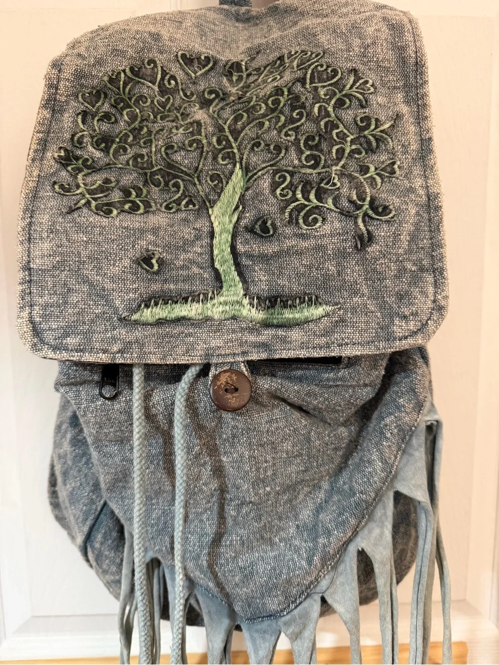 Blue Canvas Fringe Backpack with Green Tree Embroidery